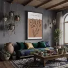 Minimalist Botanik Çizim Siyah Ahşap Çerçeveli Tablo Bohem Görünümlü Salon Oturma Odası Duvar