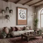 Toprak Tonlu Çiçek Silüeti Siyah Ahşap Çerçeveli Tablo Bohem Mekan Yatak Koridor Ofis