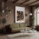 Akışkan Siyah Botanik Beyaz Ahşap Çerçeveli Tablo Bohem Görünümlü Salon Oturma Odası Duvar