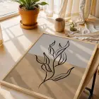 İki Tonlu Minimalist Yaprak Doğal Ahşap Çerçeveli Tablo Kanvas Görünümlü Salon Oturma Odası