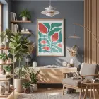 Mercan Çiçekli Modern Bitki Doğal Ahşap Çerçeveli Tablo Bohem Sanat İç Mekan Yatak