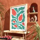 Mercan Çiçekli Modern Bitki Doğal Ahşap Çerçeveli Tablo Bohem Sanat İç Mekan Yatak