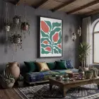 Mercan Çiçekli Modern Bitki Siyah Ahşap Çerçeveli Tablo Bohem İç Mekan Yatak Koridor