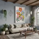 Canlı Soyut Çiçekler Tablosu Beyaz Ahşap Çerçeveli Bohem Salon Oturma Odası Duvar Dekoru