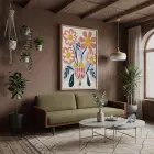Modern Pastel Çiçekler Doğal Ahşap Çerçeveli Tablo Bohem Sanat İç Mekan Yatak Koridor