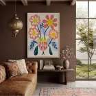 Modern Pastel Çiçekler Doğal Ahşap Çerçeveli Tablo Bohem Sanat İç Mekan Yatak Koridor