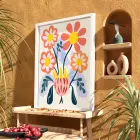 Modern Pastel Çiçekler Beyaz Ahşap Çerçeveli Tablo Bohem Salon Oturma Odası Duvar Dekoru