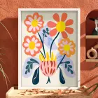 Modern Pastel Çiçekler Beyaz Ahşap Çerçeveli Tablo Bohem Salon Oturma Odası Duvar Dekoru