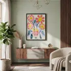 Modern Pastel Çiçekler Siyah Ahşap Çerçeveli Tablo Bohem Görünümlü Salon Oturma Odası Duvar