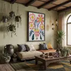 Modern Pastel Çiçekler Siyah Ahşap Çerçeveli Tablo Bohem Görünümlü Salon Oturma Odası Duvar