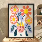 Modern Pastel Çiçekler Siyah Ahşap Çerçeveli Tablo Bohem Görünümlü Salon Oturma Odası Duvar