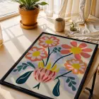 Modern Pastel Çiçekler Siyah Ahşap Çerçeveli Tablo Bohem Görünümlü Salon Oturma Odası Duvar