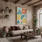 Neşeli Floral Desen Doğal Ahşap Çerçeveli Tablo Bohem Dekorasyonu Poster Obje Ev Aksesuarları