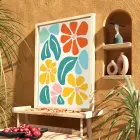 Neşeli Floral Desen Doğal Ahşap Çerçeveli Tablo Bohem Dekorasyonu Poster Obje Ev Aksesuarları