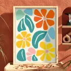Neşeli Floral Desen Doğal Ahşap Çerçeveli Tablo Bohem Dekorasyonu Poster Obje Ev Aksesuarları