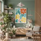 Neşeli Floral Desen Beyaz Ahşap Çerçeveli Tablo Bohem Aksesuarları Modern Sanat İç Mekan