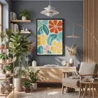 Neşeli Floral Desen Siyah Ahşap Çerçeveli Tablo Bohem Duvar Dekoru Poster Obje Ev