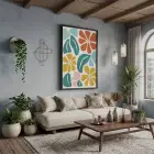 Neşeli Floral Desen Siyah Ahşap Çerçeveli Tablo Bohem Duvar Dekoru Poster Obje Ev