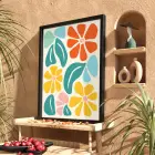 Neşeli Floral Desen Siyah Ahşap Çerçeveli Tablo Bohem Duvar Dekoru Poster Obje Ev