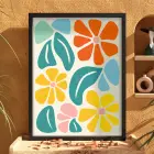 Neşeli Floral Desen Siyah Ahşap Çerçeveli Tablo Bohem Duvar Dekoru Poster Obje Ev