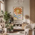 Retro Güneş Çiçeği Doğal Ahşap Çerçeveli Tablo Görünümlü Salon Oturma Odası Duvar Dekoru