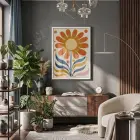 Retro Güneş Çiçeği Beyaz Ahşap Çerçeveli Tablo Oturma Odası Duvar Dekoru Poster Obje