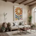 Retro Güneş Çiçeği Beyaz Ahşap Çerçeveli Tablo Oturma Odası Duvar Dekoru Poster Obje