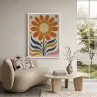 Retro Güneş Çiçeği Beyaz Ahşap Çerçeveli Tablo Oturma Odası Duvar Dekoru Poster Obje