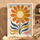 Retro Güneş Çiçeği Beyaz Ahşap Çerçeveli Tablo Oturma Odası Duvar Dekoru Poster Obje
