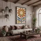 Retro Güneş Çiçeği Siyah Ahşap Çerçeveli Tablo İç Mekan Yatak Koridor Ofis Kanvas