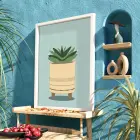 Minimal Sukulent Çizim Tablo Beyaz Ahşap Çerçeveli Aksesuarları Modern Sanat İç Mekan Yatak