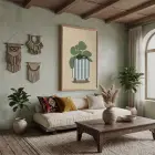 Çizgili Saksı Botanik Doğal Ahşap Çerçeveli Tablo Bohem Duvar Dekoru Poster Obje Ev