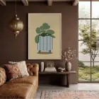 Çizgili Saksı Botanik Doğal Ahşap Çerçeveli Tablo Bohem Duvar Dekoru Poster Obje Ev