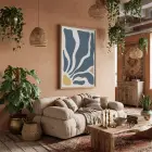 Mavi Organik Soyut Sanat Doğal Ahşap Çerçeveli Tablo Salon Oturma Odası Duvar Dekoru