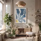 Mavi Organik Soyut Sanat Beyaz Ahşap Çerçeveli Tablo Aksesuarları Modern İç Mekan Yatak