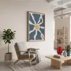 Soyut Mavi Güneş Doğal Ahşap Çerçeveli Tablo Koridor Ofis Kanvas Görünümlü Salon Oturma