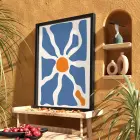 Turuncu Göbekli Mavi Çiçek Siyah Ahşap Çerçeveli Tablo Bohem Oturma Odası Duvar Dekoru