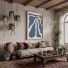 Akışkan Mavi Turuncu Soyut Doğal Ahşap Çerçeveli Tablo Duvar Dekoru Poster Obje Ev