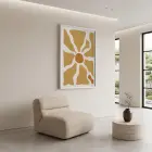 Hardal Sarısı Soyut Akış Beyaz Ahşap Çerçeveli Tablo Kanvas Görünümlü Salon Oturma Odası