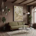Zeytin Yeşil Soyut Çiçek Beyaz Ahşap Çerçeveli Tablo Bohem Koridor Ofis Kanvas Görünümlü