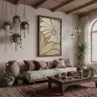 Zeytin Yeşil Soyut Çiçek Siyah Ahşap Çerçeveli Tablo Bohem Sanat İç Mekan Yatak
