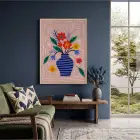 Renkli Vazo Çiçekleri Doğal Ahşap Çerçeveli Tablo Bohem Oturma Odası Duvar Dekoru Poster