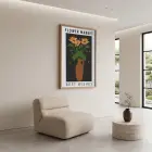 Turuncu Vazolu Çiçekler Doğal Ahşap Çerçeveli Tablo Bohem Kanvas Görünümlü Salon Oturma Odası
