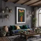 Turuncu Vazolu Çiçekler Siyah Ahşap Çerçeveli Tablo Bohem Oturma Odası Duvar Dekoru Poster