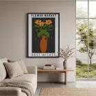 Turuncu Vazolu Çiçekler Siyah Ahşap Çerçeveli Tablo Bohem Oturma Odası Duvar Dekoru Poster