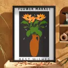 Turuncu Vazolu Çiçekler Siyah Ahşap Çerçeveli Tablo Bohem Oturma Odası Duvar Dekoru Poster