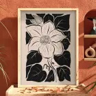 Minimalist Siyah Çiçek Doğal Ahşap Çerçeveli Tablo Bohem Ev Aksesuarları Modern Sanat İç