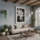 Minimalist Siyah Çiçek Beyaz Ahşap Çerçeveli Tablo Bohem Obje Ev Aksesuarları Modern Sanat