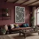 Organik Siyah Yaprak Soyut Tablo Beyaz Ahşap Çerçeveli Ev Aksesuarları Modern Sanat İç