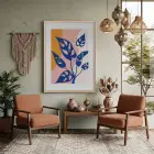Mavi Yapraklı Soyut Kompozisyon Doğal Ahşap Çerçeveli Tablo Duvar Dekoru Poster Obje Ev